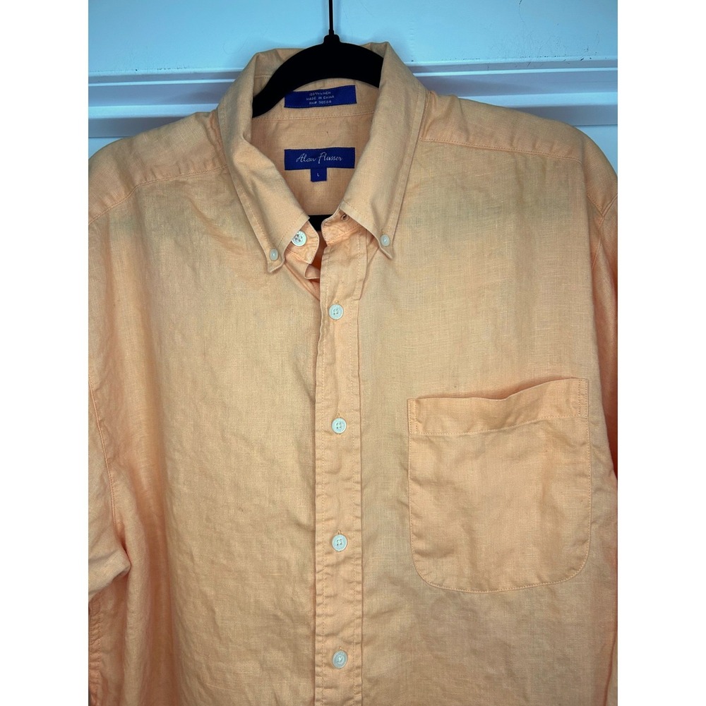 Alan Flusser Mens Linen Button Down Shirt Large Peach Orange Long Sleeve Pocket - Picture 2 of 8